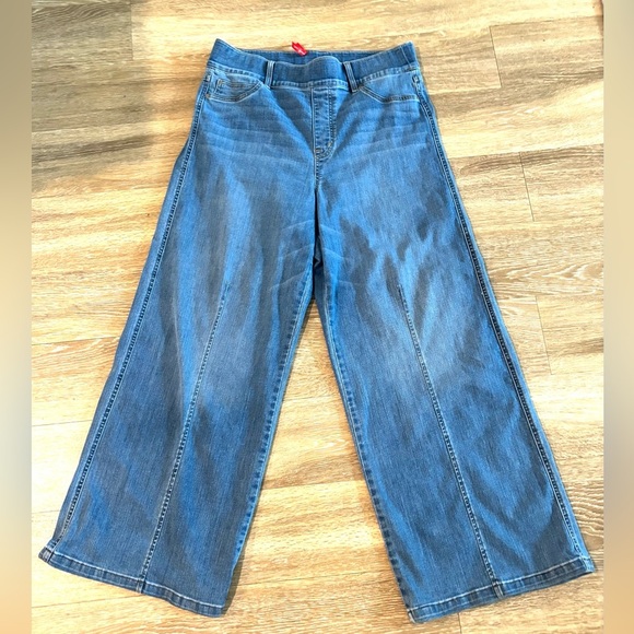 Vintage Spanx Jeans Wide Leg Indigo Blue Pull On High Rise 70s Flare Y2K - Picture 2 of 7